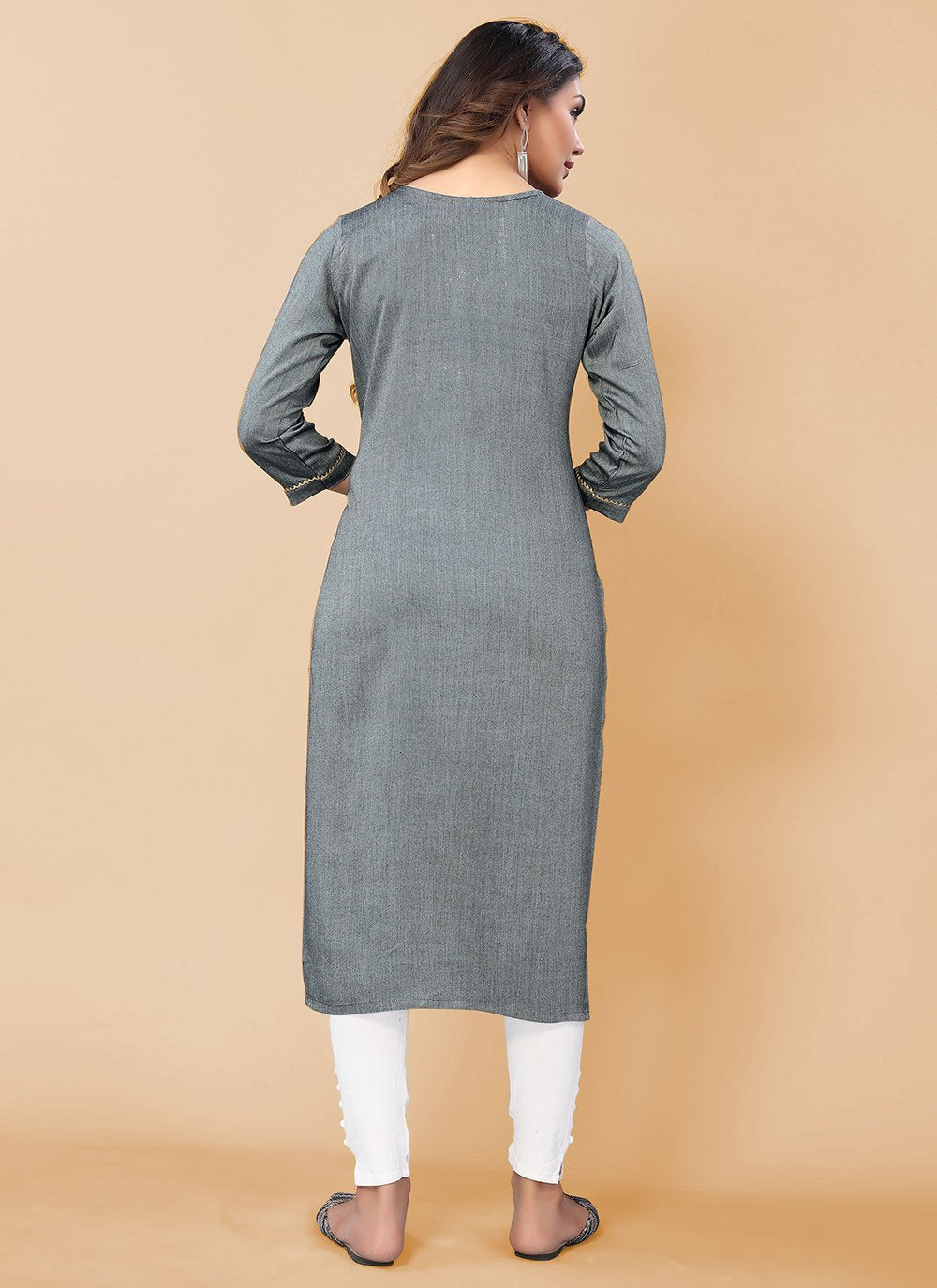 Party Wear Kurti Poly Cotton Grey Embroidered Kurtis