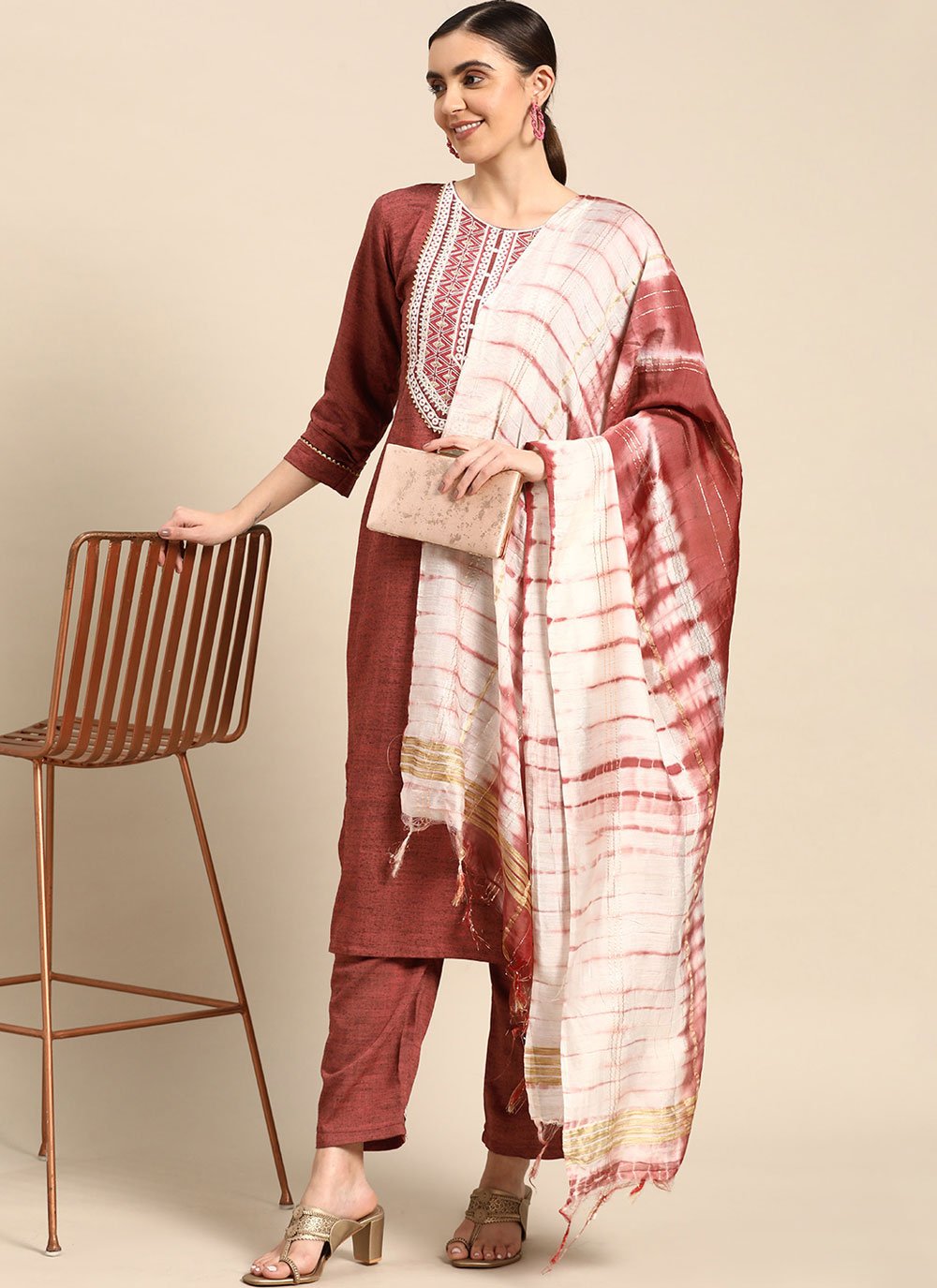 Salwar Suit Poly Cotton Rust Embroidered Salwar Kameez