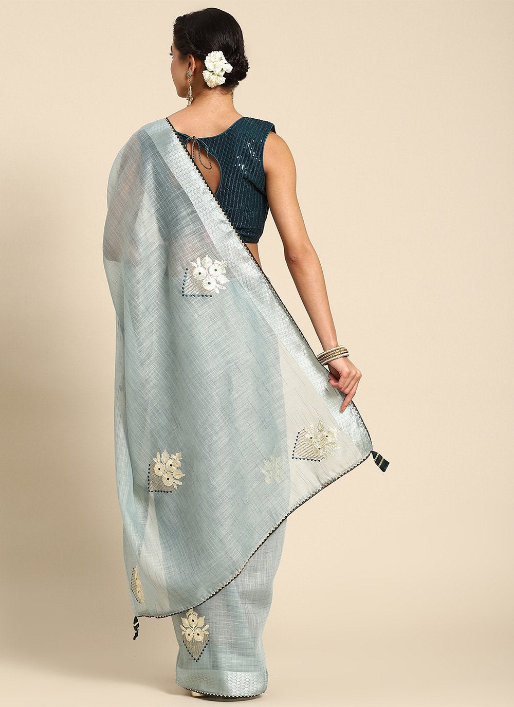 Trendy Saree Poly Cotton Blue Embroidered Saree