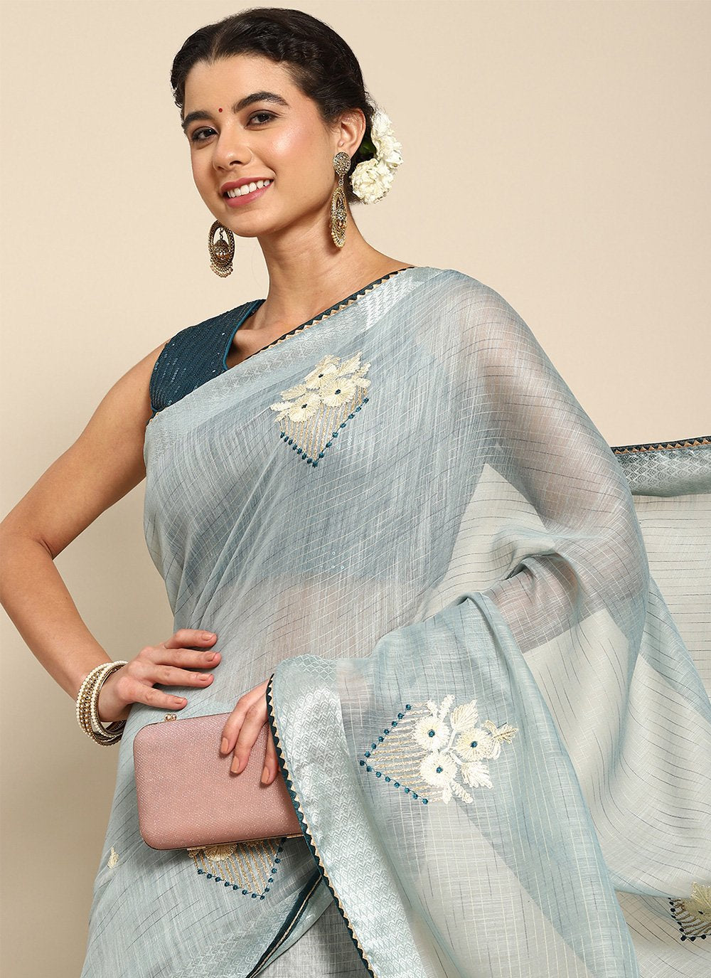 Trendy Saree Poly Cotton Blue Embroidered Saree