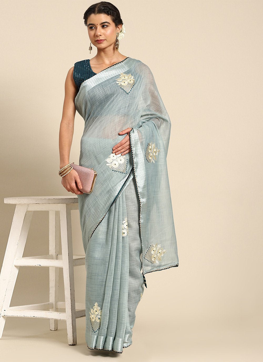 Trendy Saree Poly Cotton Blue Embroidered Saree