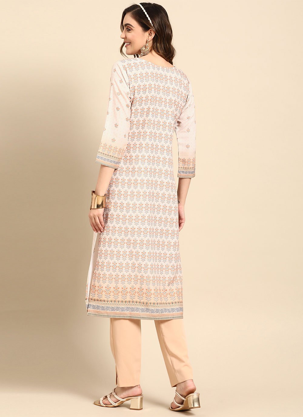 Party Wear Kurti Poly Rayon Cream Print Kurtis
