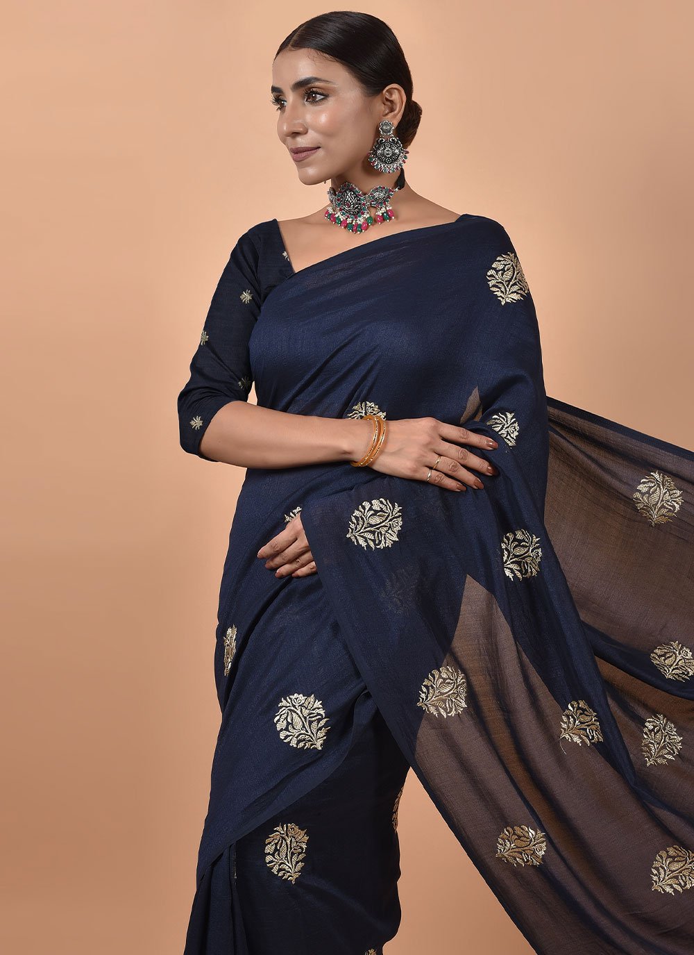 Contemporary Poly Silk Blue Embroidered Saree
