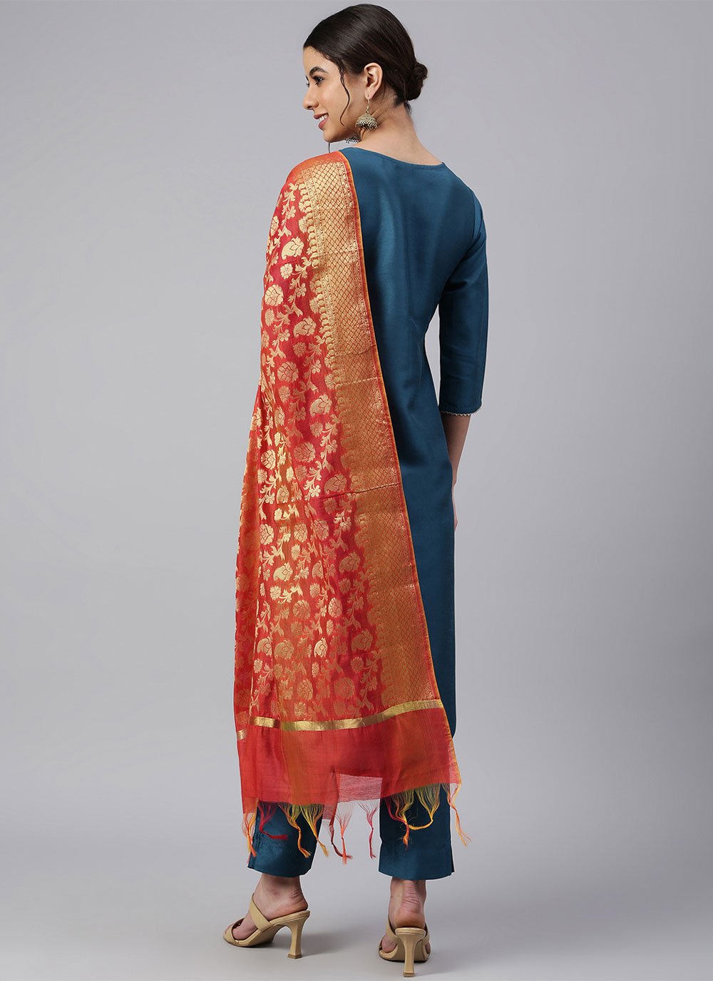 Readymade Style Poly Silk Morpeach Plain Salwar Kameez