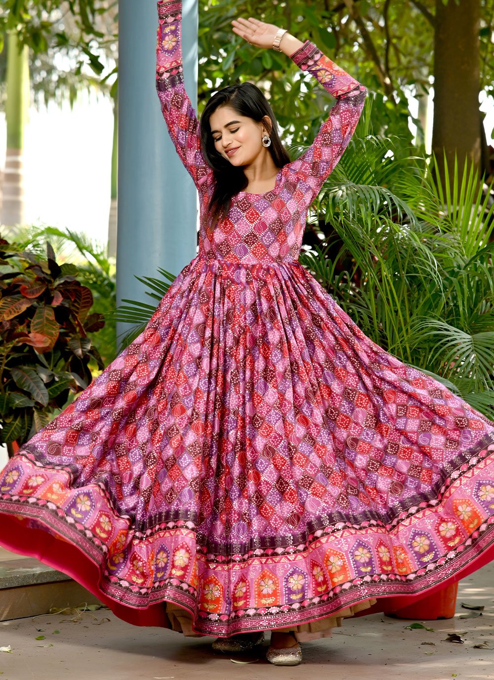 Designer Gown Chinon Pink Print Gown