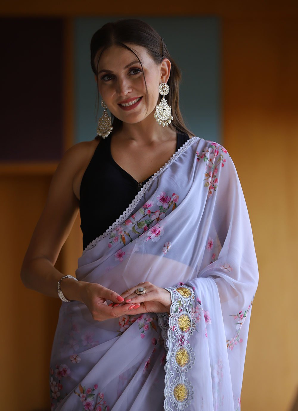 Trendy Saree Georgette Grey Floral Patch Saree