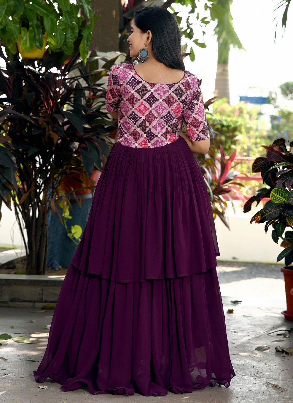 Gown Faux Georgette Purple Print Gown