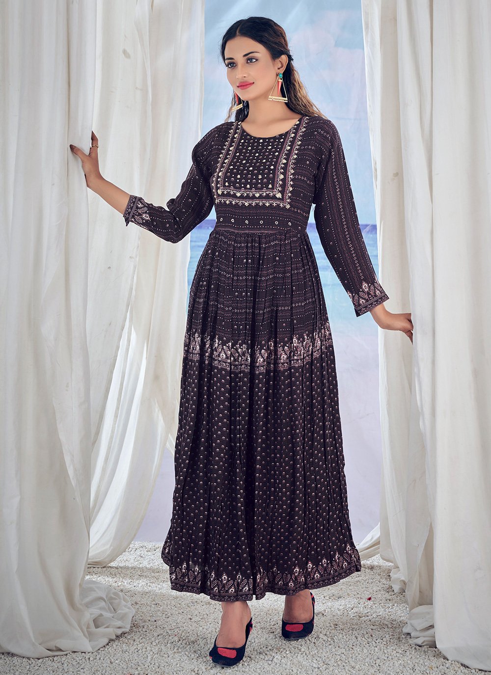 Gown Muslin Viscose Blue Embroidered Gown