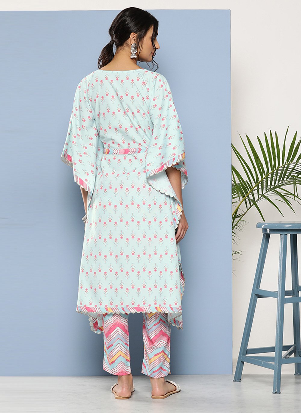 Party Wear Kurti Crepe Silk Aqua Blue Print Kurtis