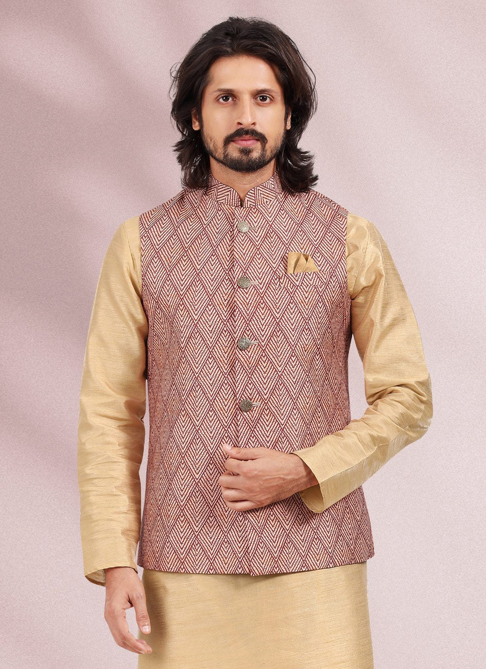 Kurta Payjama With Jacket Banarasi Silk Beige Maroon Print Mens