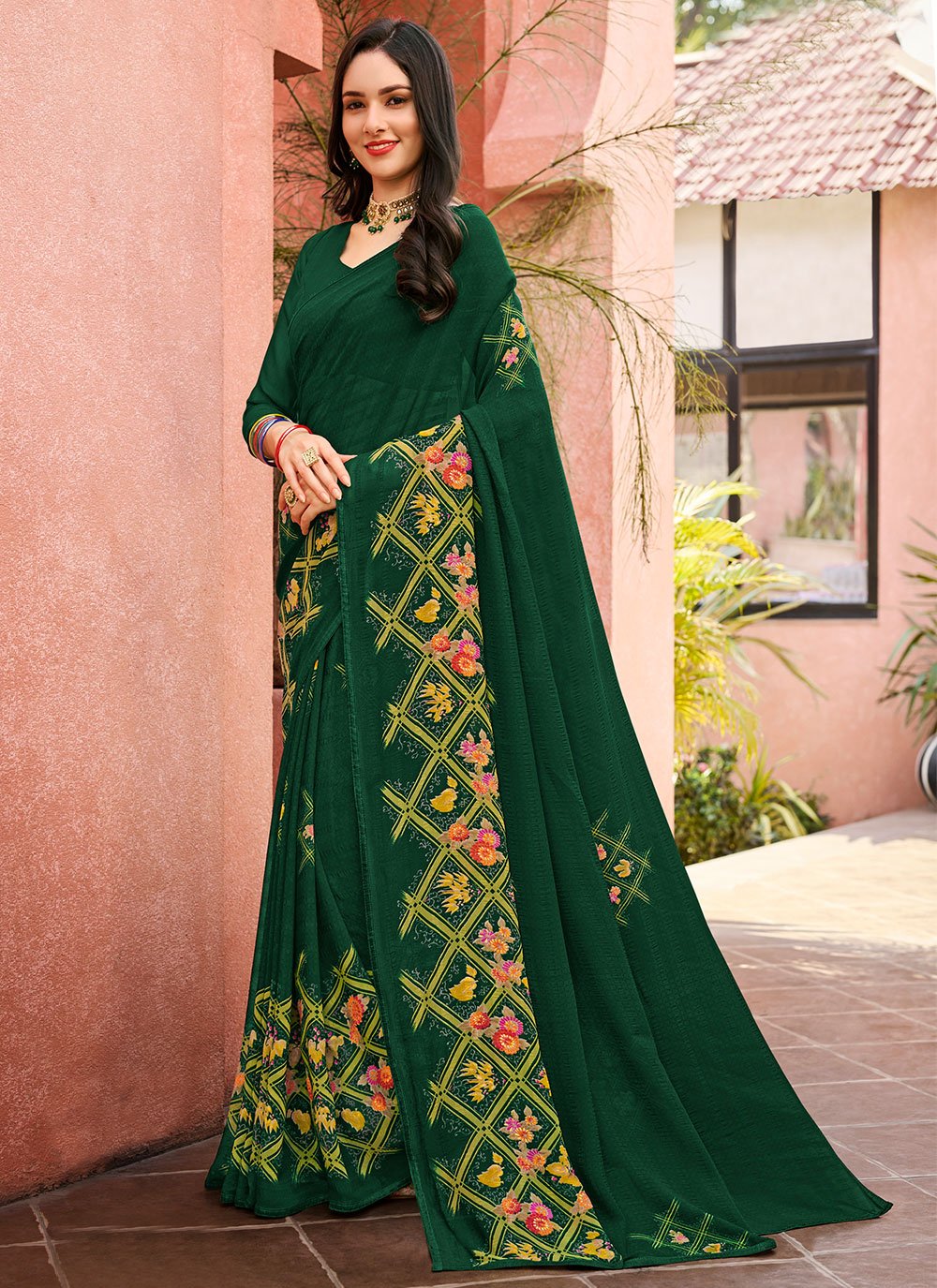 Contemporary Georgette Green Print Saree