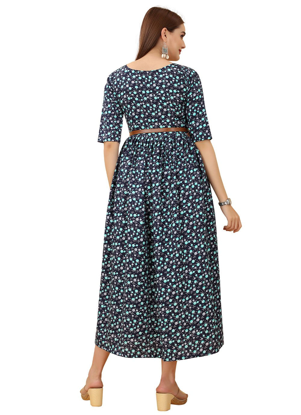 Designer Gown Faux Crepe Blue Print Gown