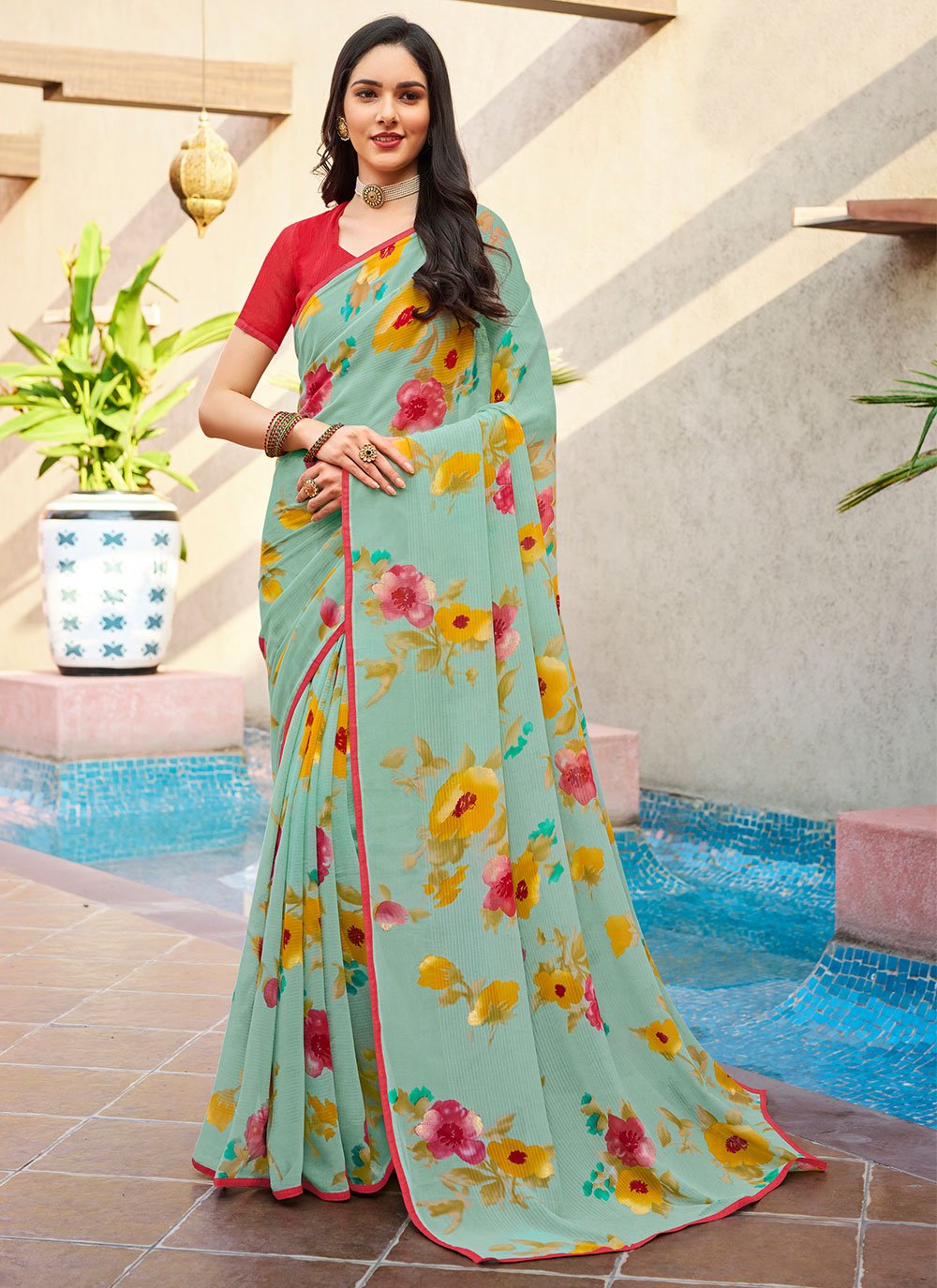 Classic Georgette Sea Green Print Saree