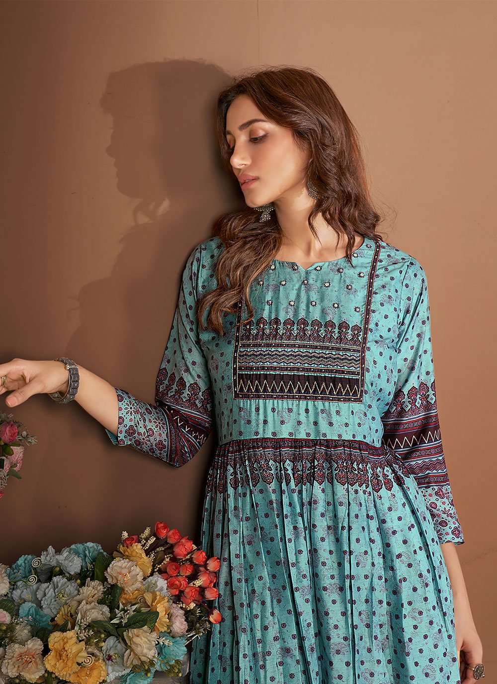 Party Wear Kurti Muslin Viscose Multi Colour Embroidered Kurtis