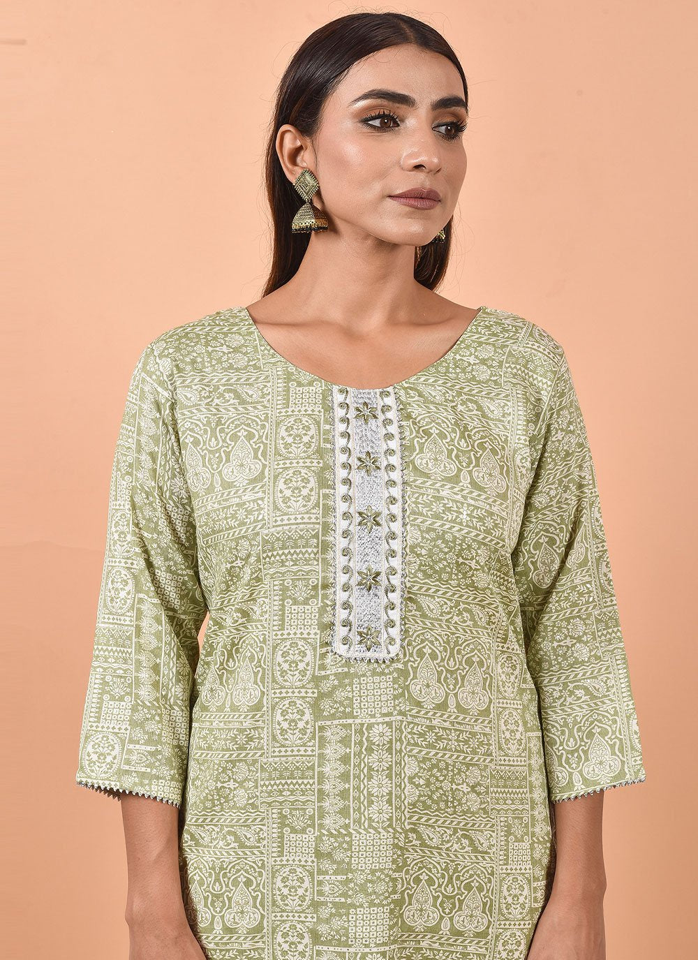 Casual Kurti Chanderi Cotton Green Print Kurtis
