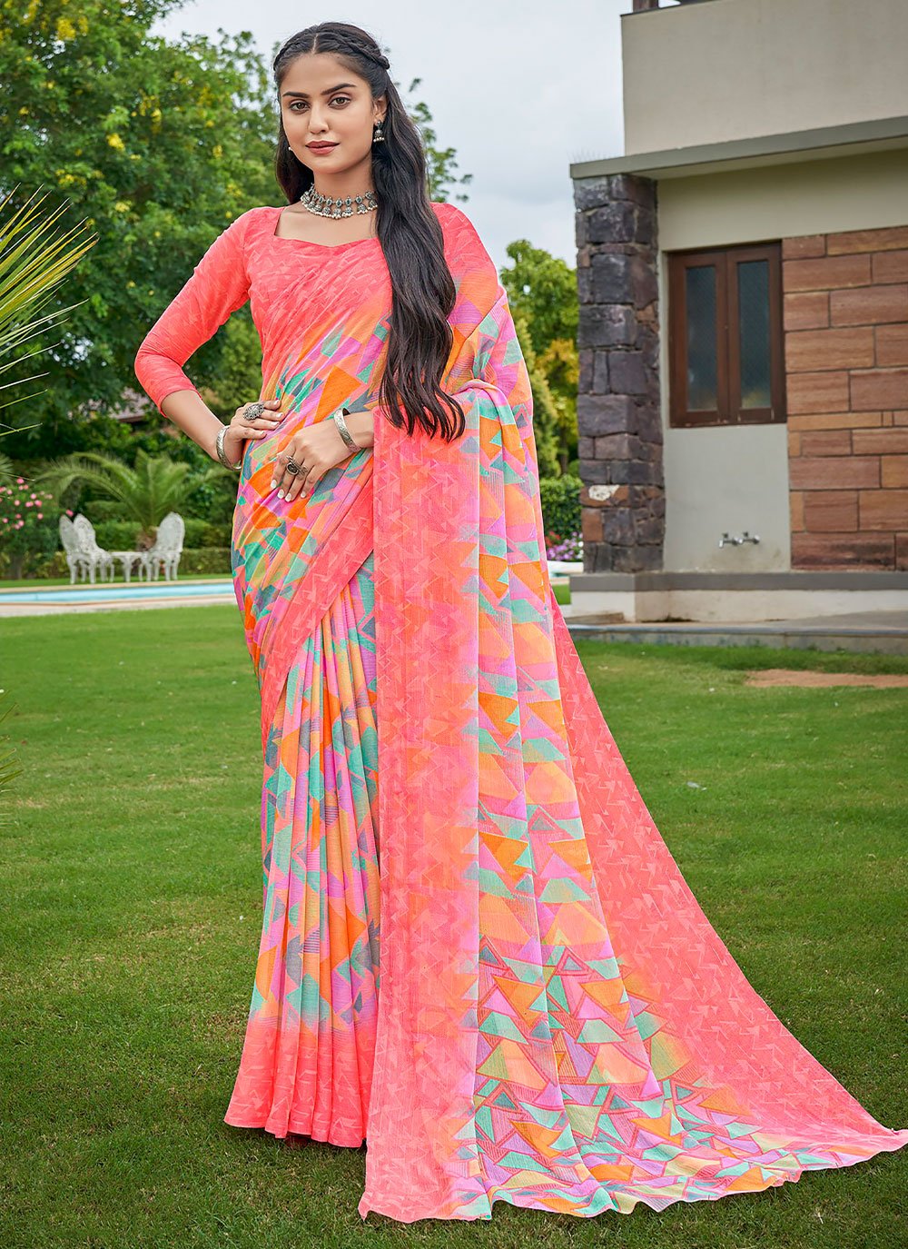 Classic Chiffon Pink Print Saree