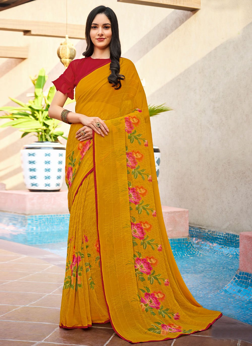 Classic Georgette Mustard Print Saree