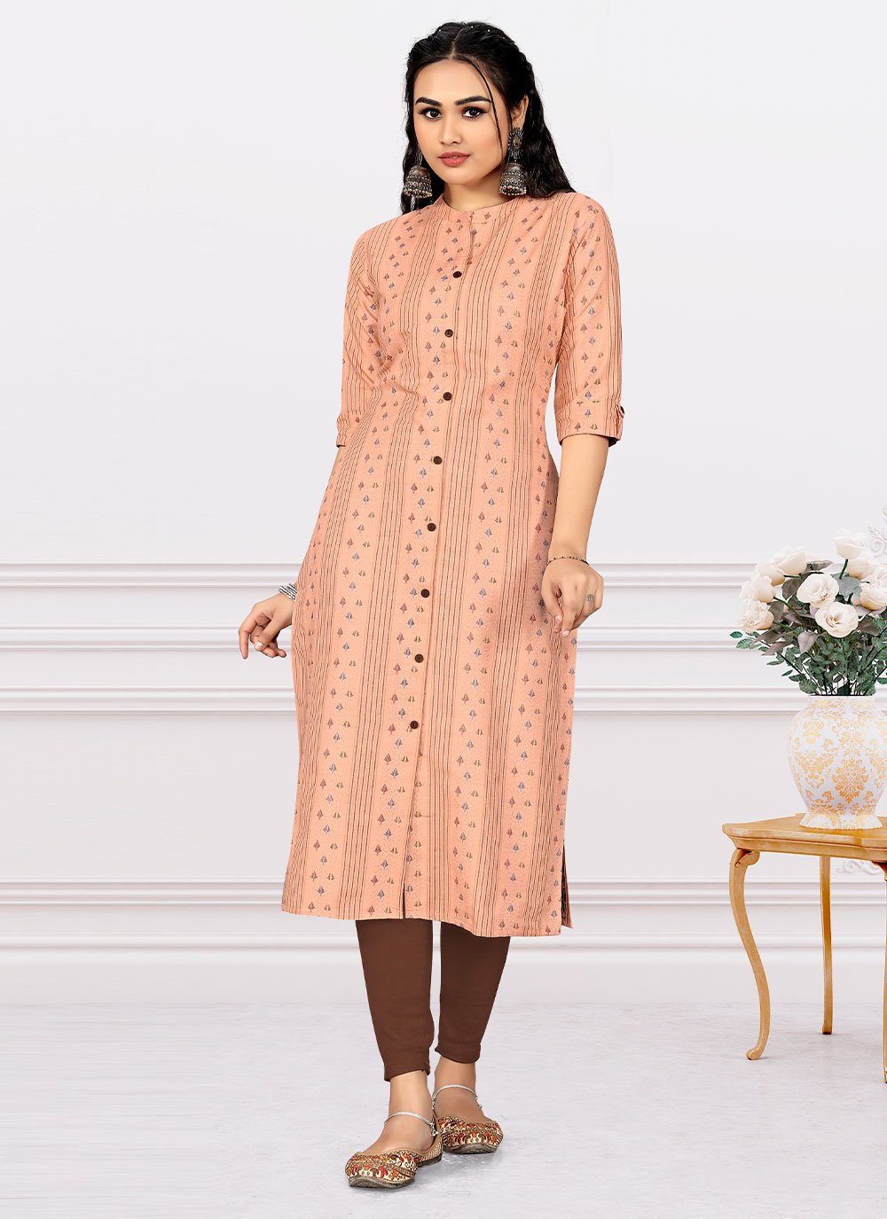 Designer Kurti Cotton Peach Print Kurtis