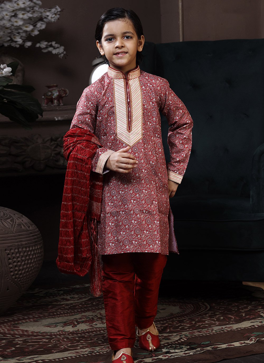 Kurta Pyjama Cotton Maroon Print Kids