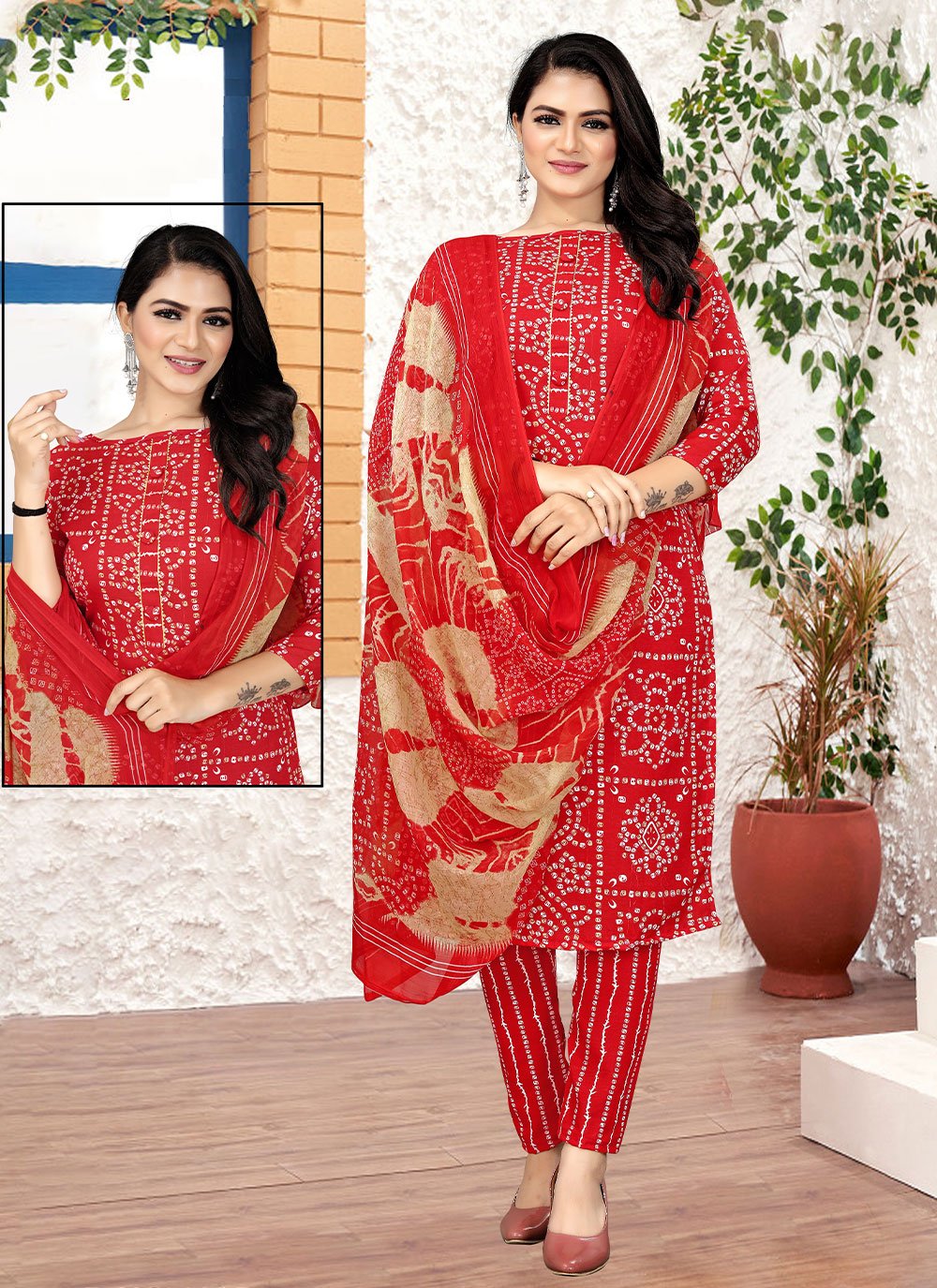 Pant Style Suit Cotton Red Print Salwar Kameez