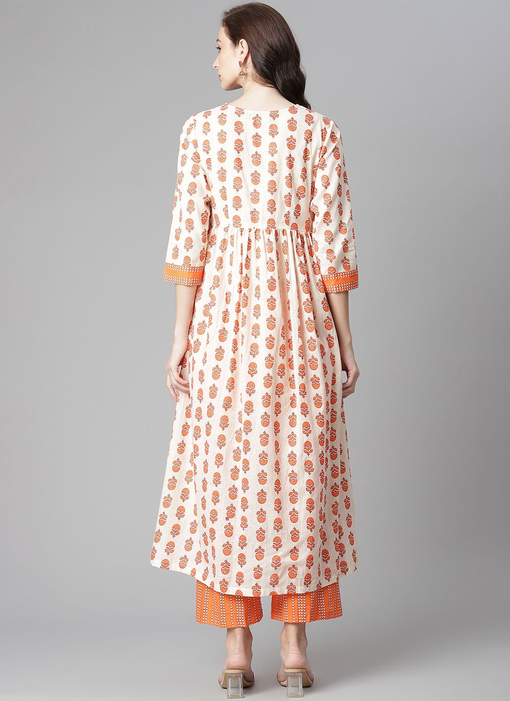 Party Wear Kurti Cotton Orange White Print Kurtis