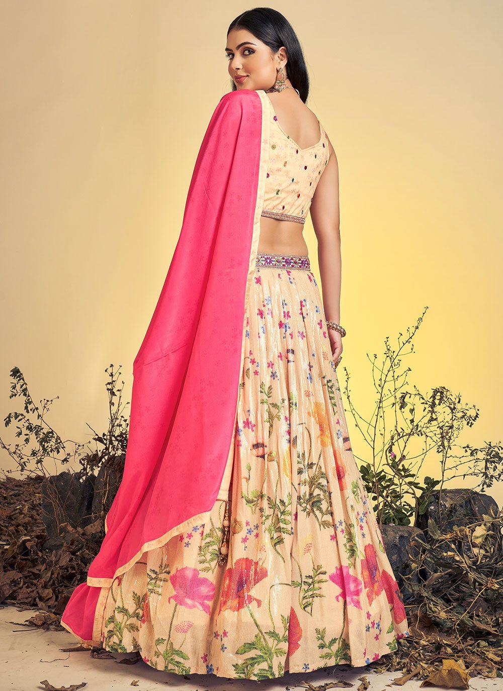 A Line Lehenga Chinon Silk Cream Print Lehenga Choli