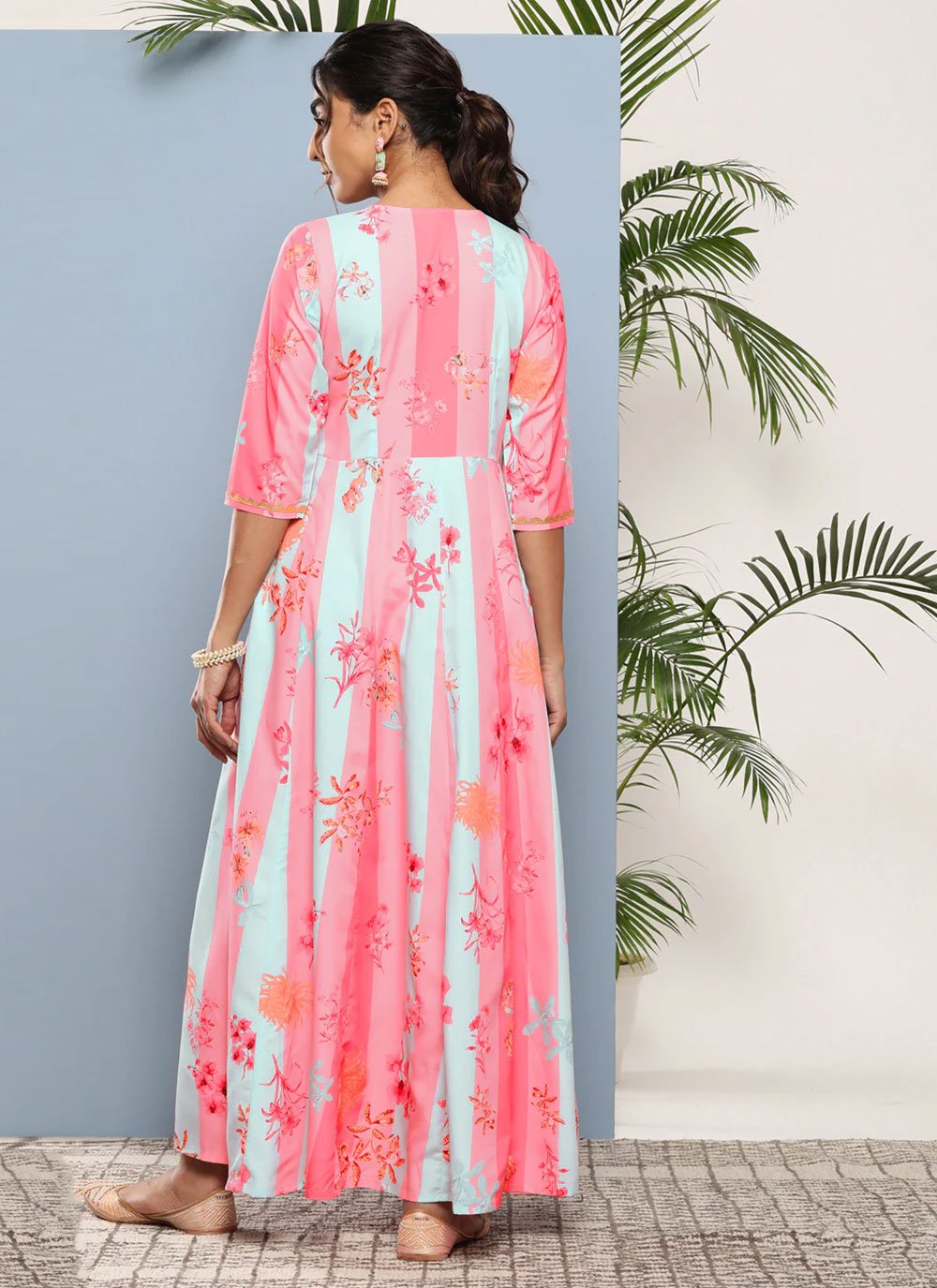 Gown Faux Crepe Organza Aqua Blue Pink Print Gown