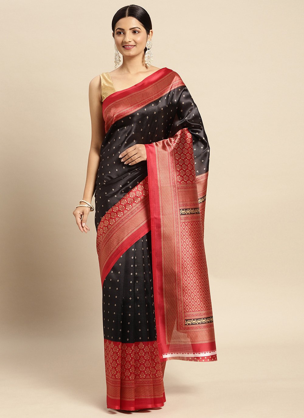 Casual Art Silk Black Red Print Saree