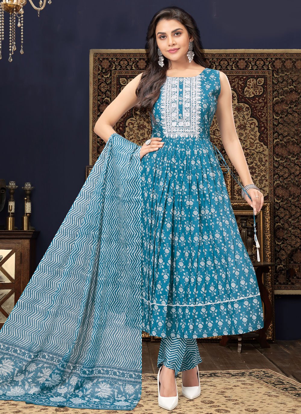 Salwar Suit Cotton Silk Firozi Buttons Salwar Kameez