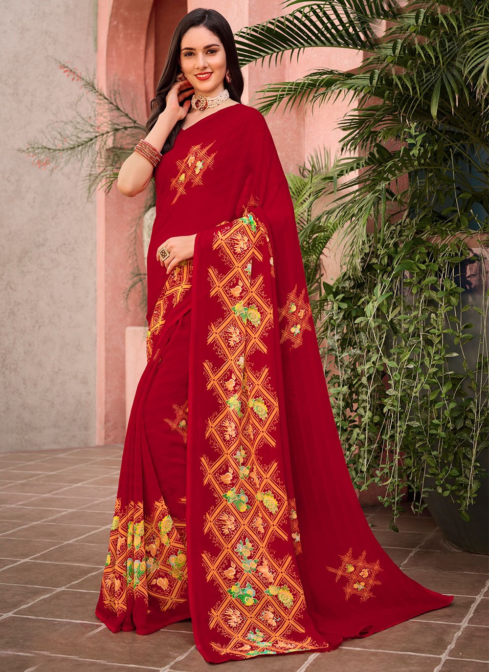 Contemporary Georgette Red Print Saree