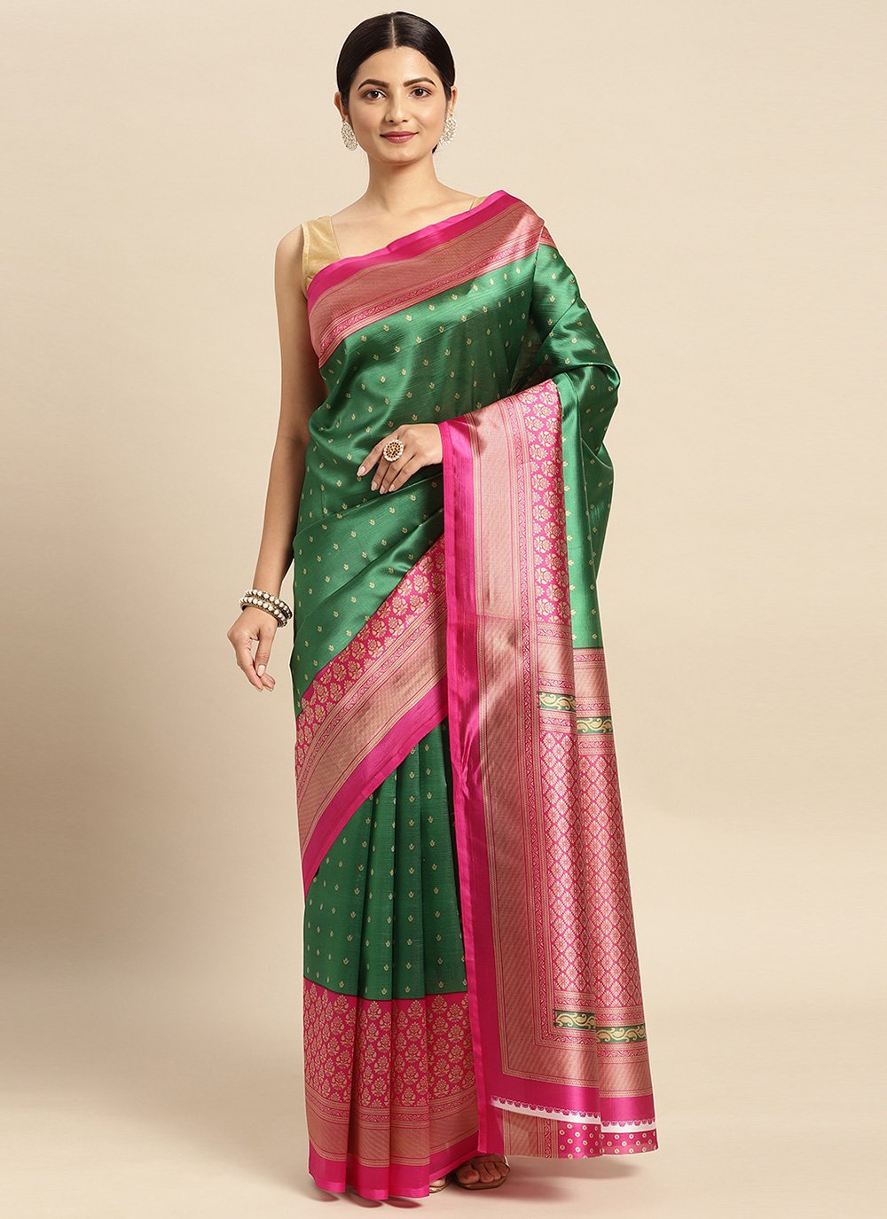 Casual Art Silk Green Magenta Print Saree
