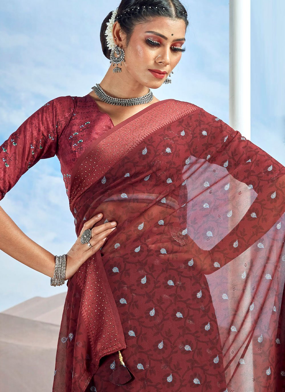 Trendy Saree Foil Georgette Maroon Patch Border Saree