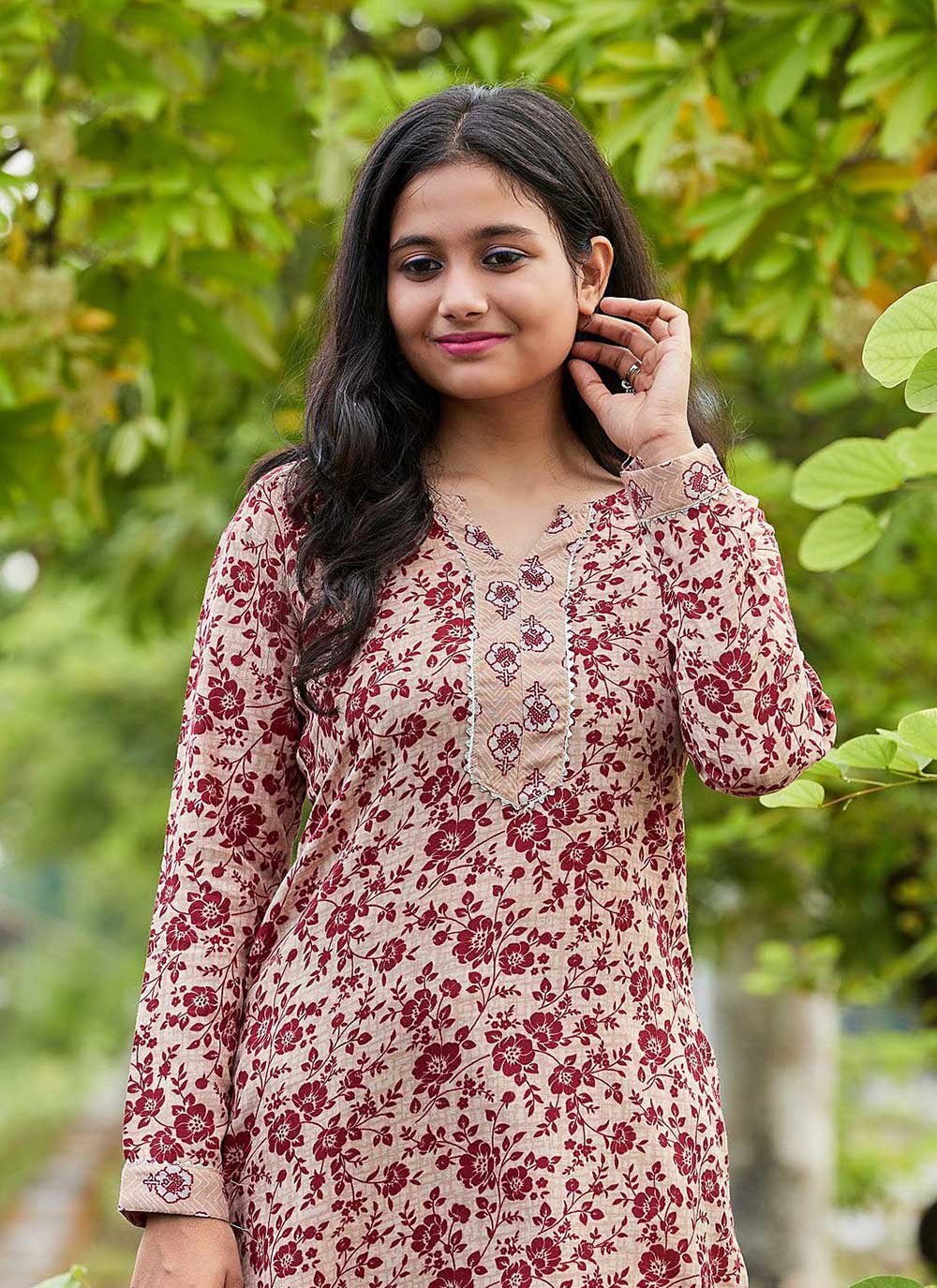 Party Wear Kurti Cotton Maroon Print Kurtis