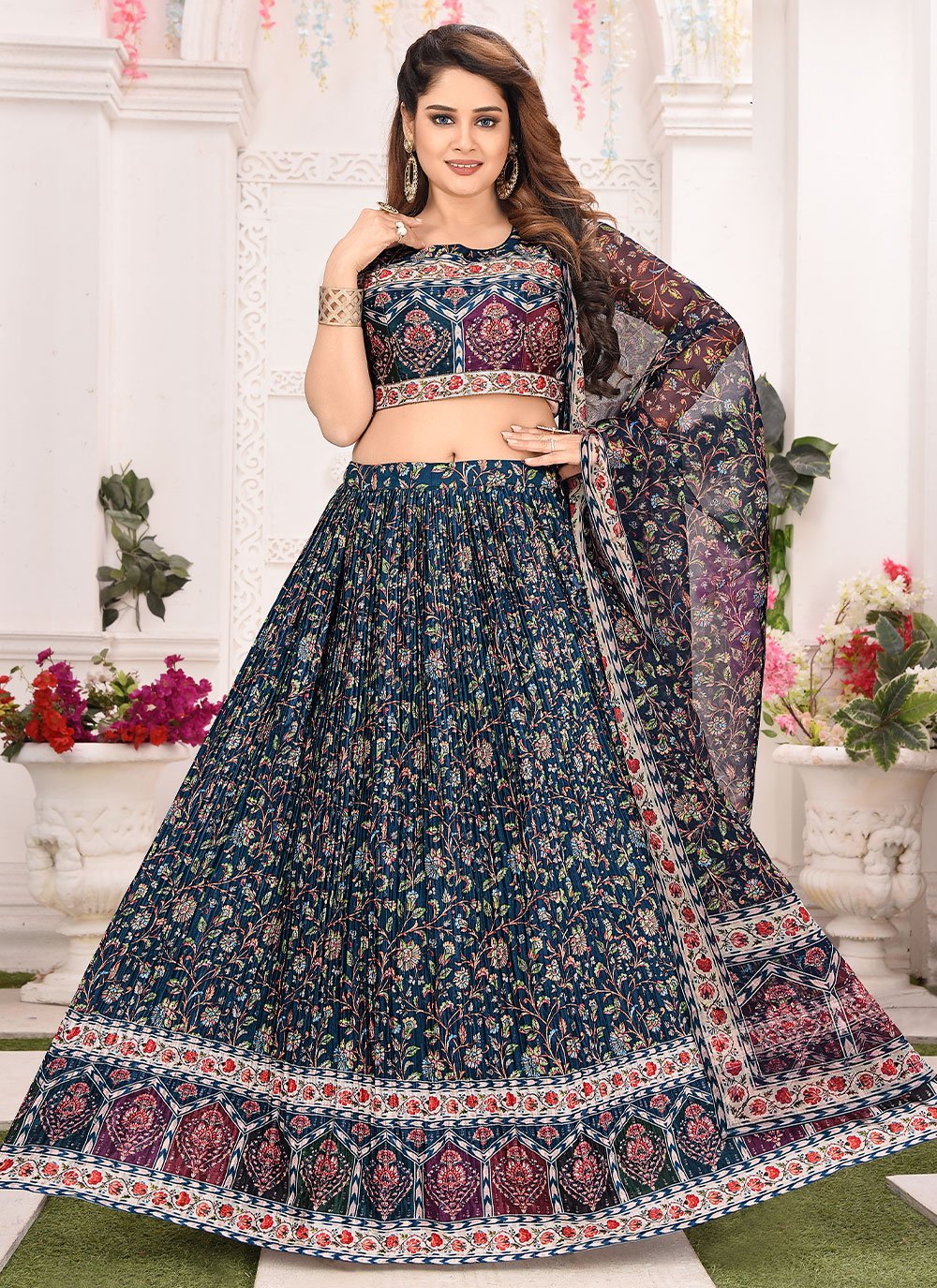 A Line Lehenga Chinon Blue Print Lehenga Choli