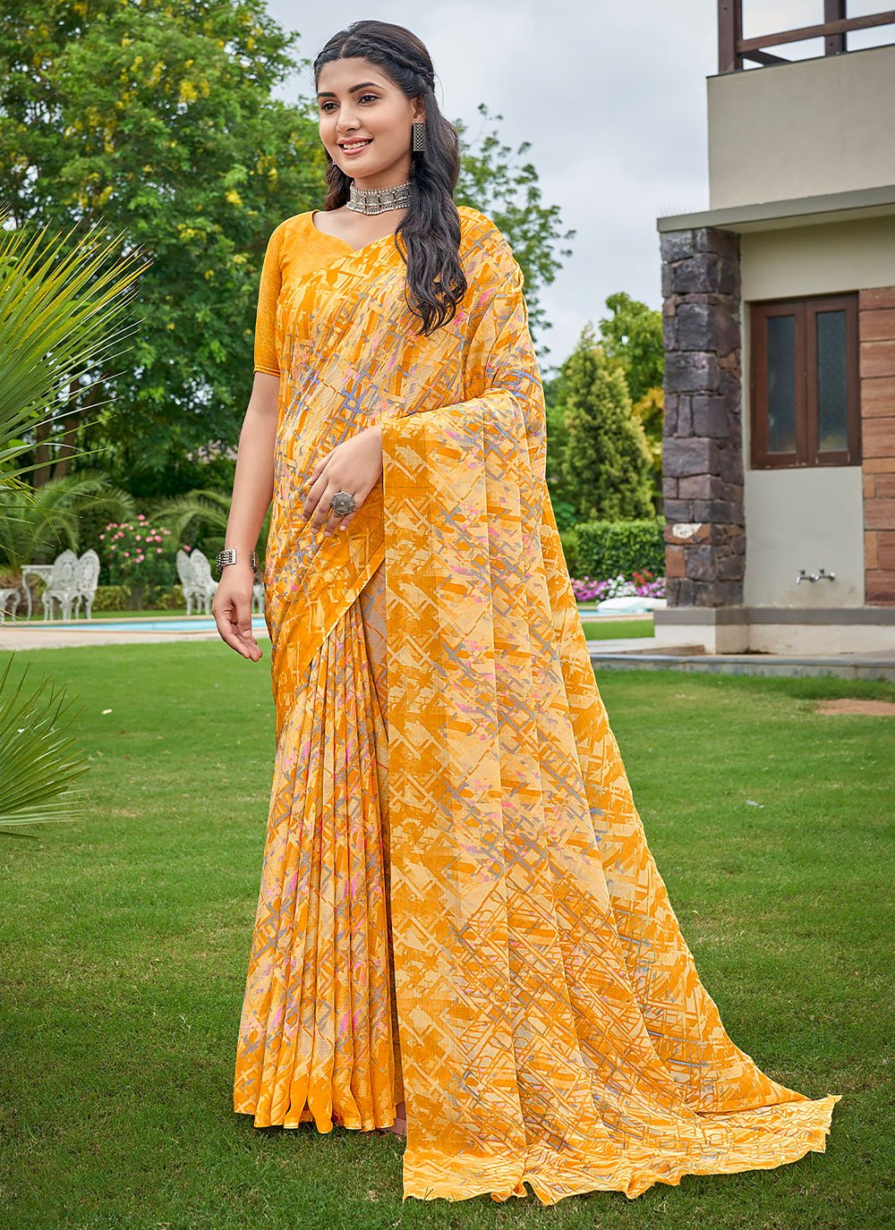 Contemporary Chiffon Mustard Print Saree