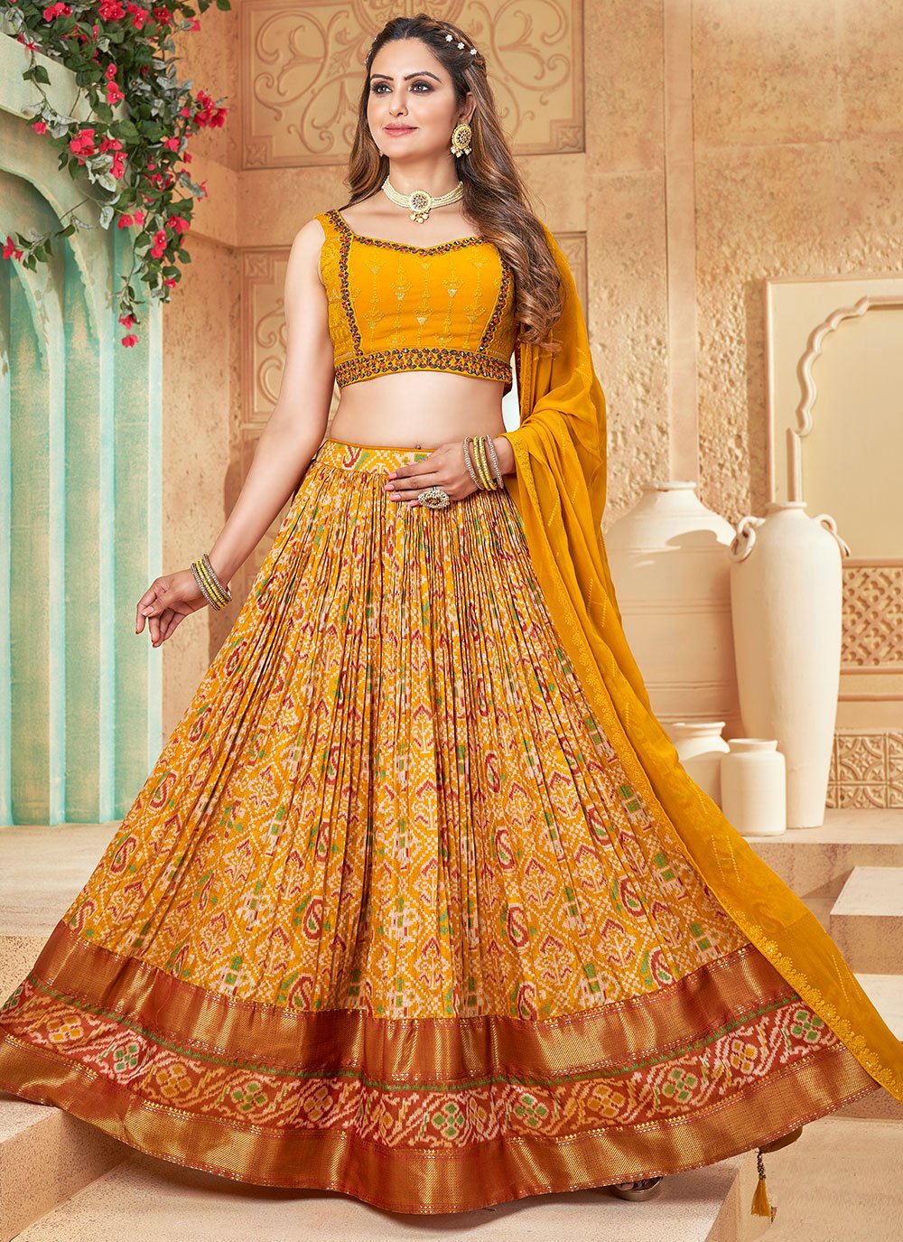 Lehenga Choli Georgette Mustard Print Lehenga Choli