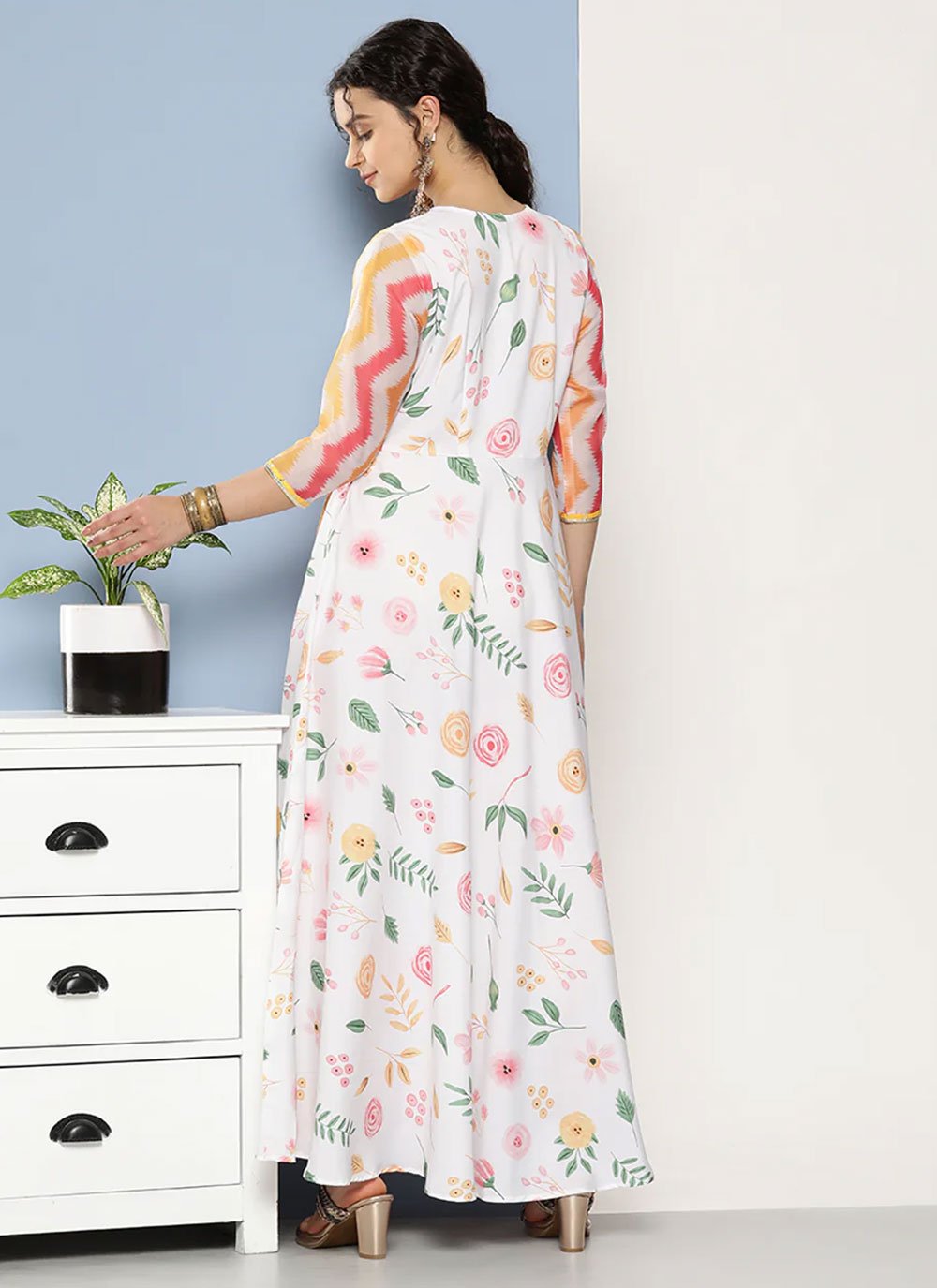 Gown Faux Crepe Organza Multi Colour Print Gown