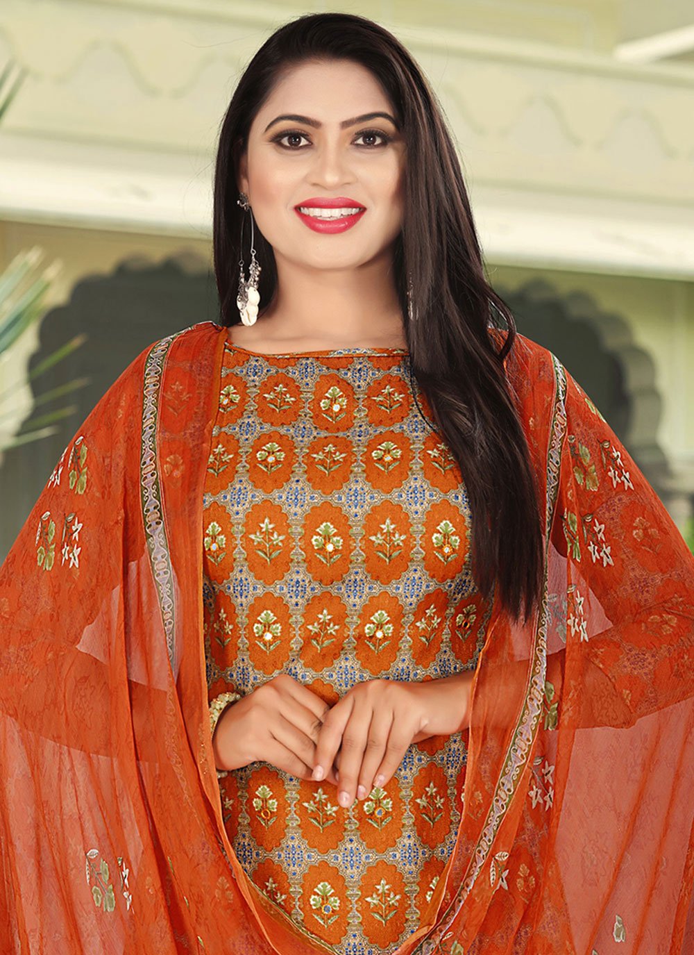 Salwar Suit Pashmina Orange Print Salwar Kameez