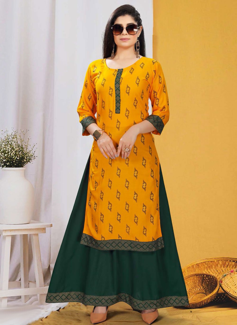 Designer Kurti Rayon Yellow Print Kurtis