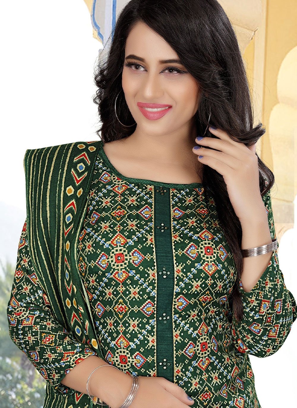 Salwar Suit Pashmina Green Print Salwar Kameez