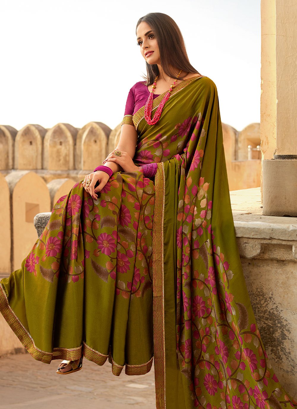 Classic Georgette Sea Green Lace Saree