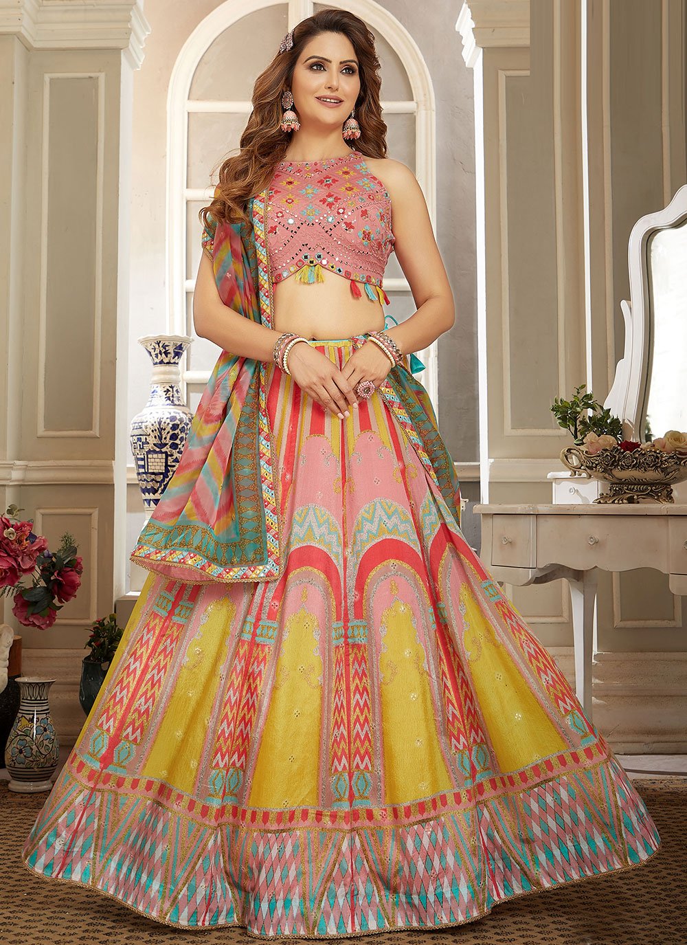Lehenga Choli Silk Multi Colour Embroidered Lehenga Choli