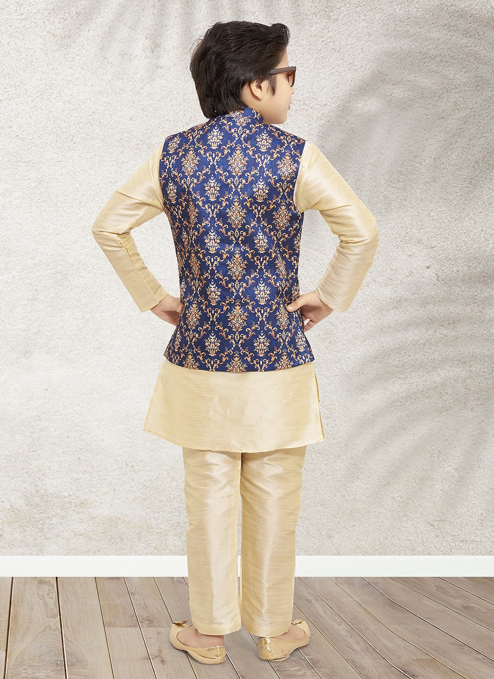 Kurta Payjama With Jacket Banarasi Silk Blue Cream Print Kids