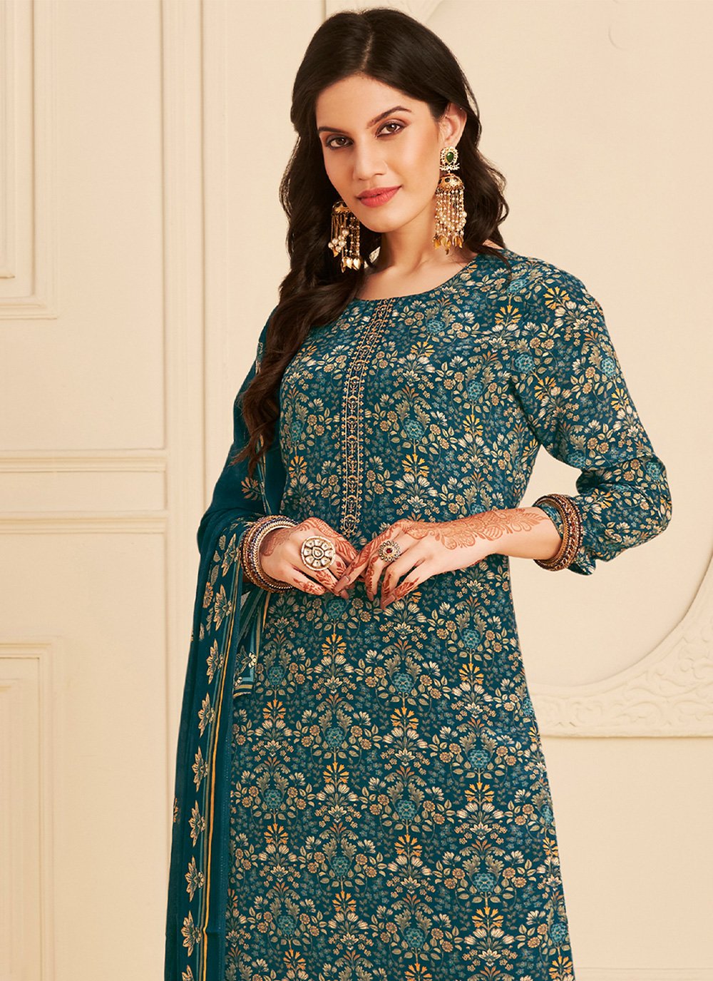 Punjabi Salwar Suit Pure Crepe Blue Embroidered Salwar Kameez