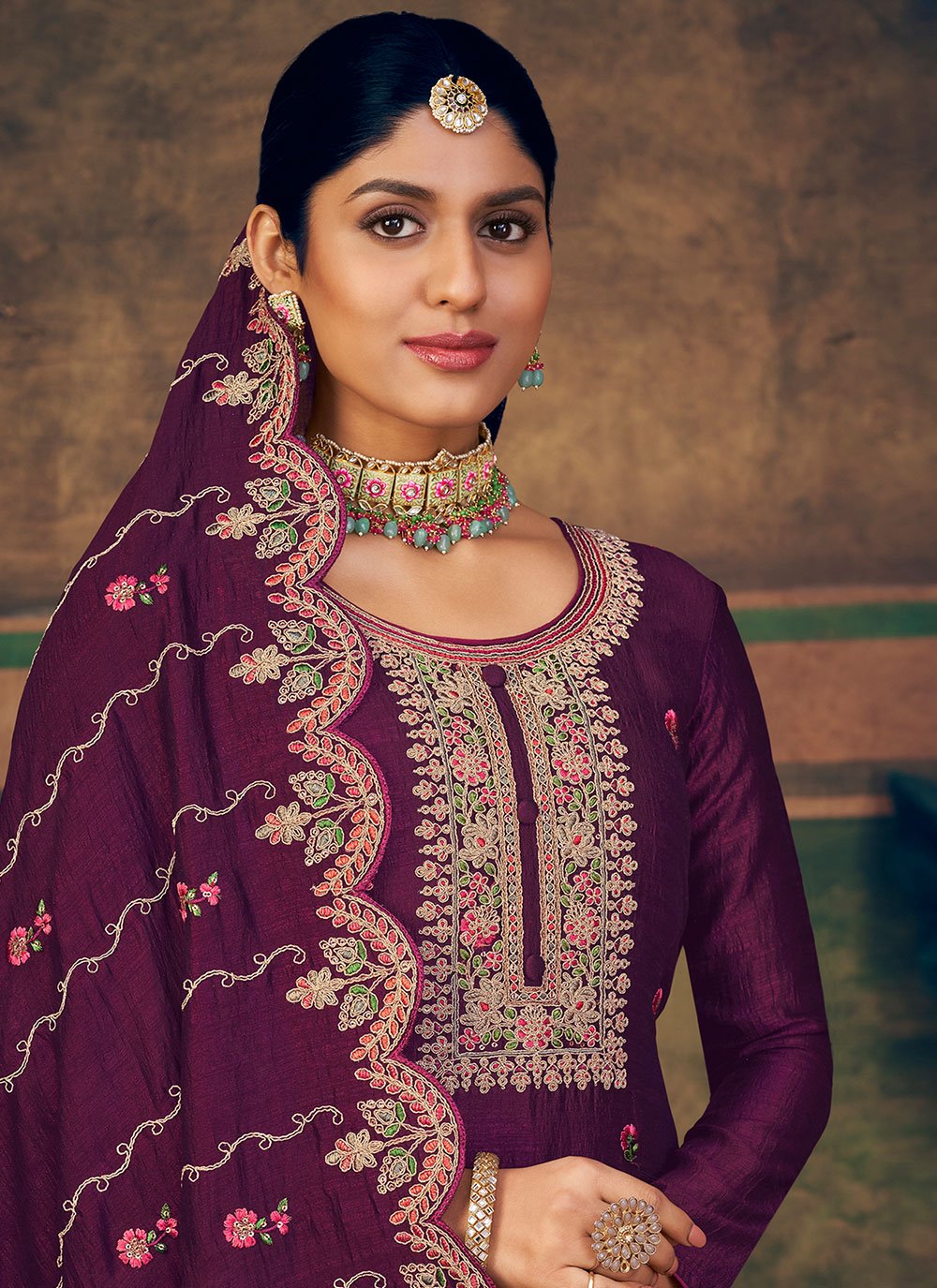 Straight Salwar Suit Pure Silk Purple Cord Work Salwar Kameez