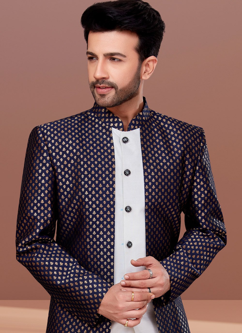 Indo Western Dupion Silk Jacquard Purple White Embroidered Mens