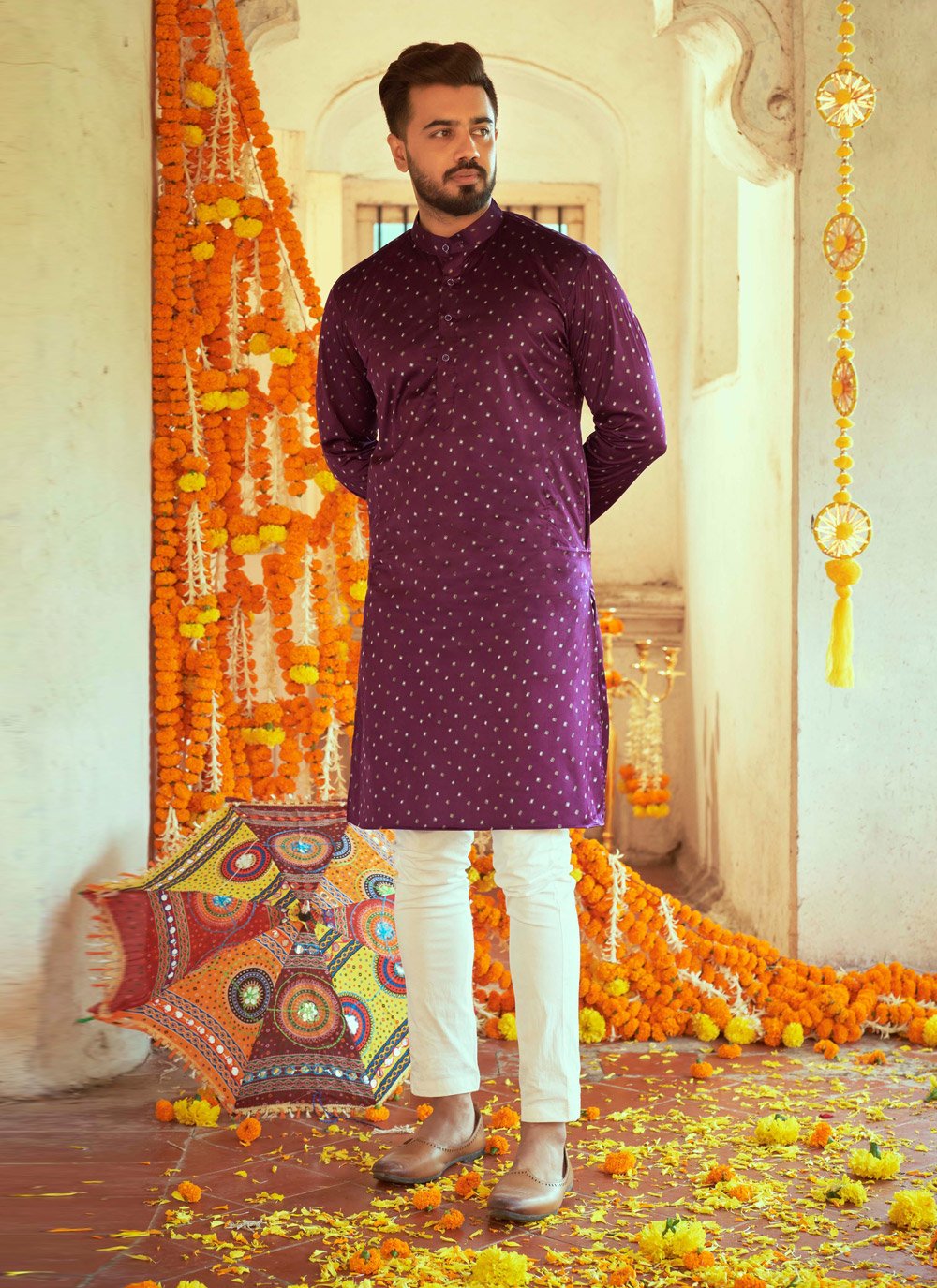 Kurta Pyjama Art Silk Purple Embroidered Mens