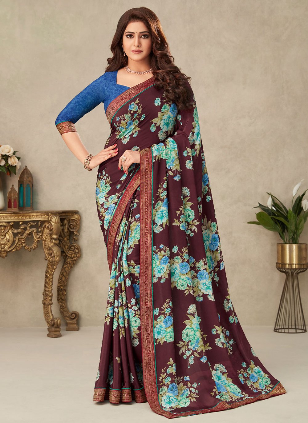 Classic Crepe Silk Purple Floral Patch Saree