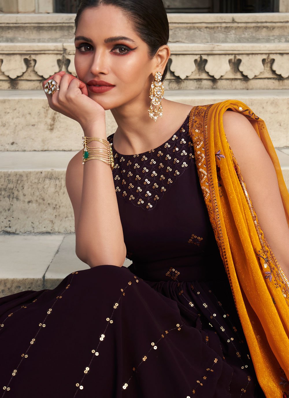 Designer Gown Georgette Purple Embroidered Gown