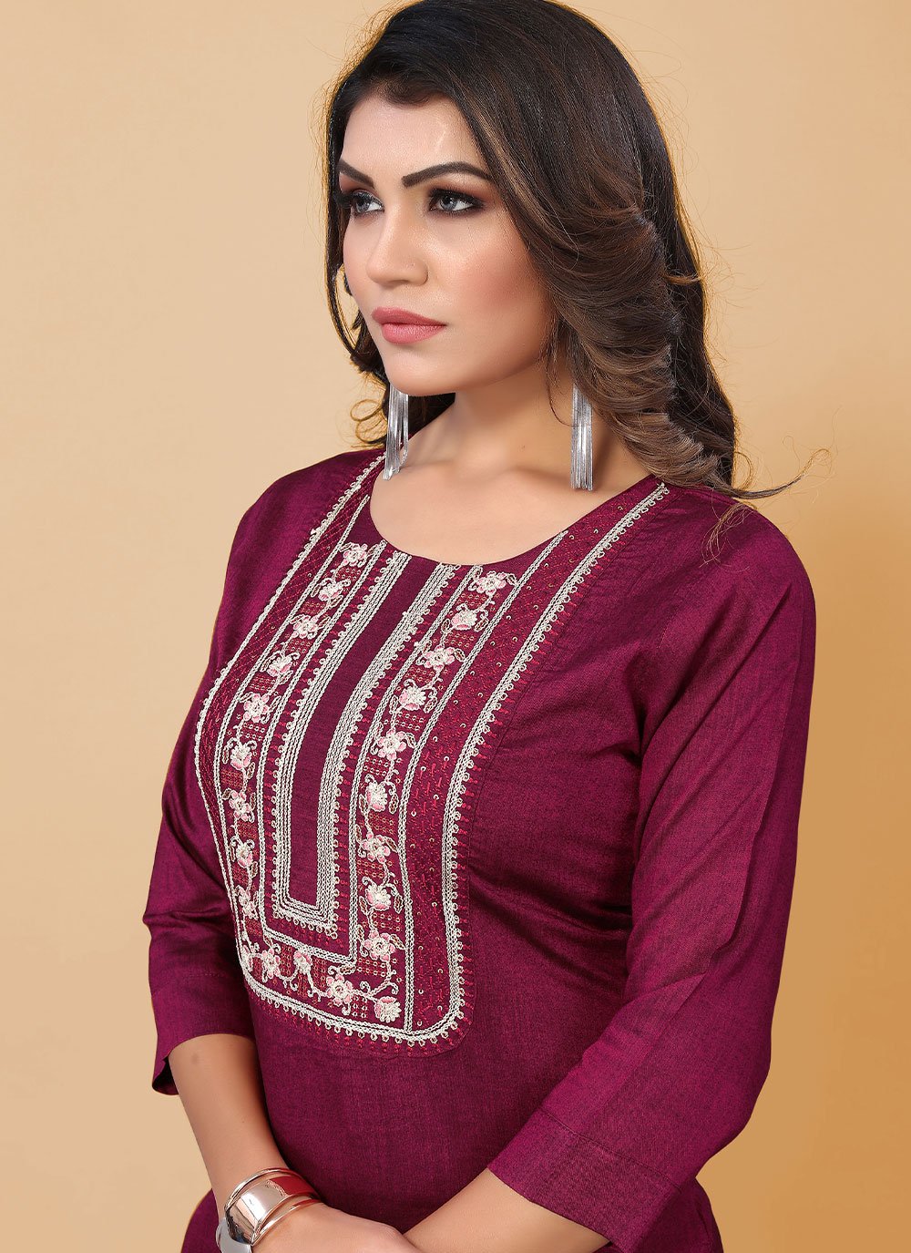 Party Wear Kurti Poly Cotton Purple Embroidered Kurtis